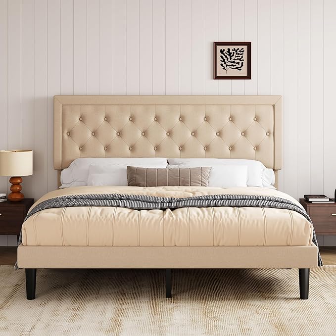 Allewie King Size Fabric Upholstered Bed Frame with Diamond Button Tufted/Adjustable Headboard/Wood Slat Support/Mattress Foundation/Beige