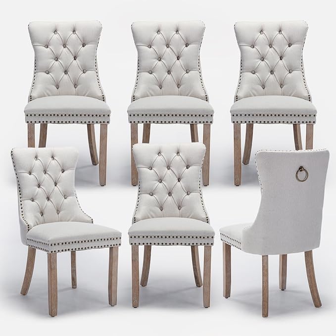 Linen Upholstered Dining Chairs Set of 6, Modern Style Kitchen Side Chairs with Nailhead Trim and Wood Leg, Metal Pulling Ring for Dining Room Living Room(Beige,Set of 6)