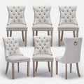 Linen Upholstered Dining Chairs Set of 6, Modern Style Kitchen Side Chairs with Nailhead Trim and Wood Leg, Metal Pulling Ring for Dining Room Living Room(Beige,Set of 6)