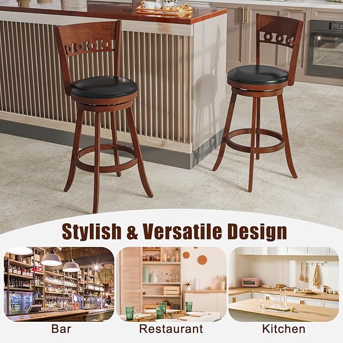 COSTWAY Bar Stools Set of 4, 30.5” Bar Height Bar stools with Solid Wood Legs, Cushioned Seat, Footrest, for Home, Kitchen Island, Bar (4, 30.5'' Seat Height)