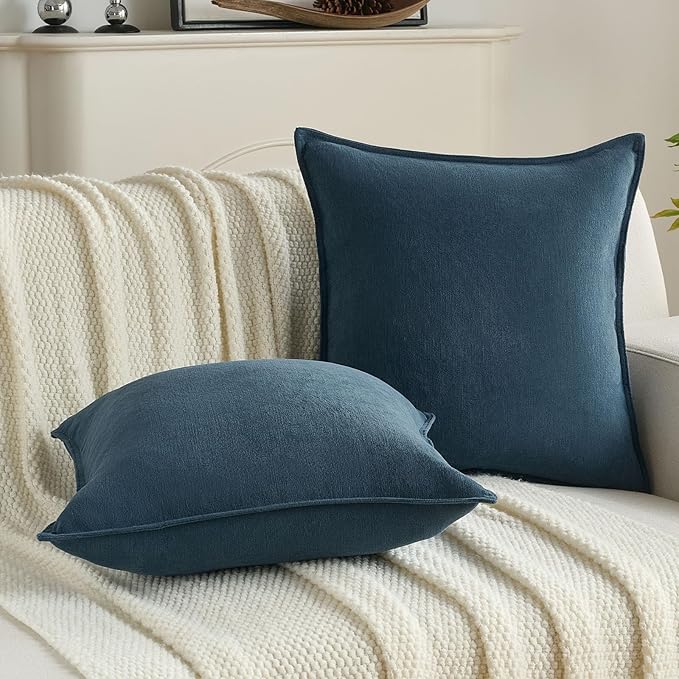 FUTEI Navy Blue Chenille Throw Pillow Covers 24x24 Inch Set of 2,Edges Double-Stitched European Cushion Cases,Modern Home Decor for Couch Living Room
