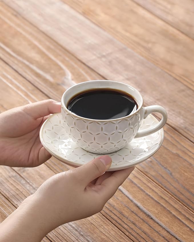 MALACASA 6 OZ Cappuccino Cups with Saucers Set of 4 - Ceramic Stackable Tea Cups and Saucers, Embossment Coffee Mugs for Tea, Latte and Mocha, Dishwasher Safe, Arctic white