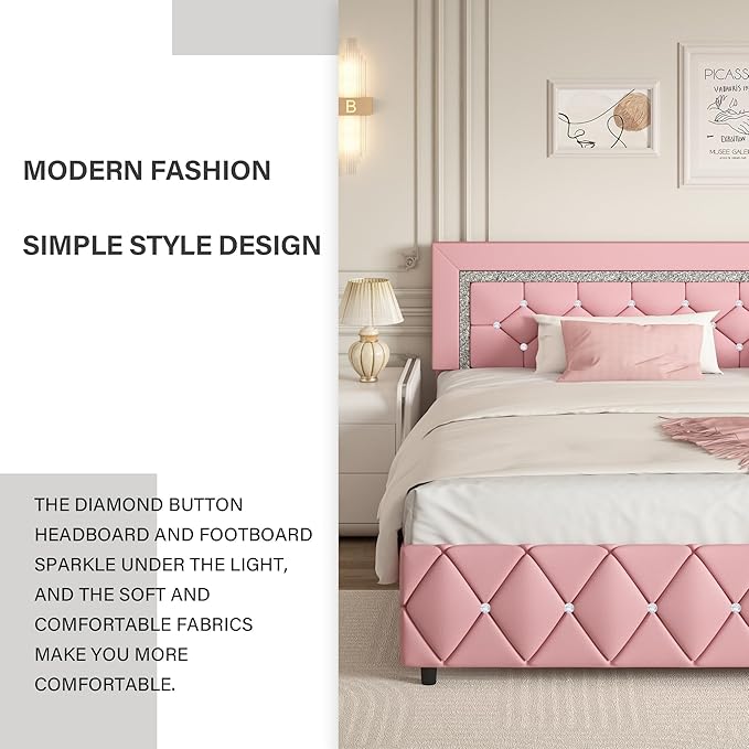 BarnFurin King Size Bed Frame, Faux Leather Upholstered Bed with Diamond Tufted Headboard, Modern King Size Bed with Wooden Slats Support, No Box Spring Required, Easy Assembly, Pink