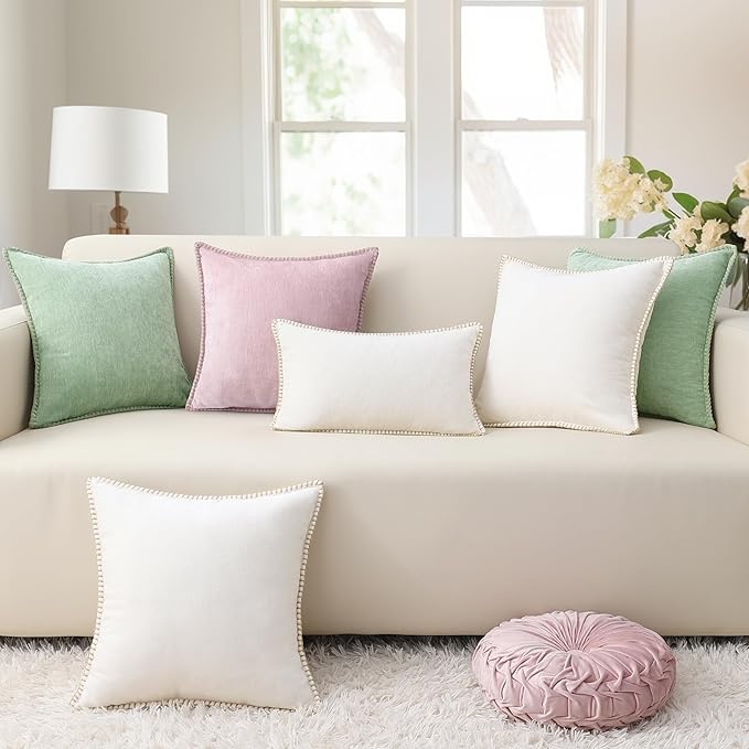 decorUhome Christmas Chenille Soft Throw Pillow Covers 20x20 Set of 2, Farmhouse Velvet Neutral Decorative Euro Pillow Covers with Stitched Edge for Couch Sofa Bed Home Decor, Sage Green