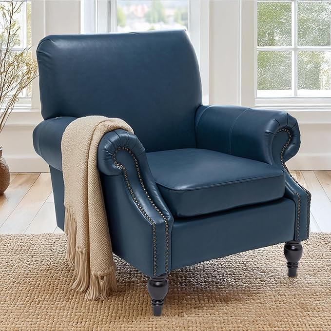 Accent Chair,22.4" Seat Depth Armchair with Roll Arms,36.6W*34.3D*34.6H Living Room Chair,Wood Legs,Set of 1,Faux Leather in Navy