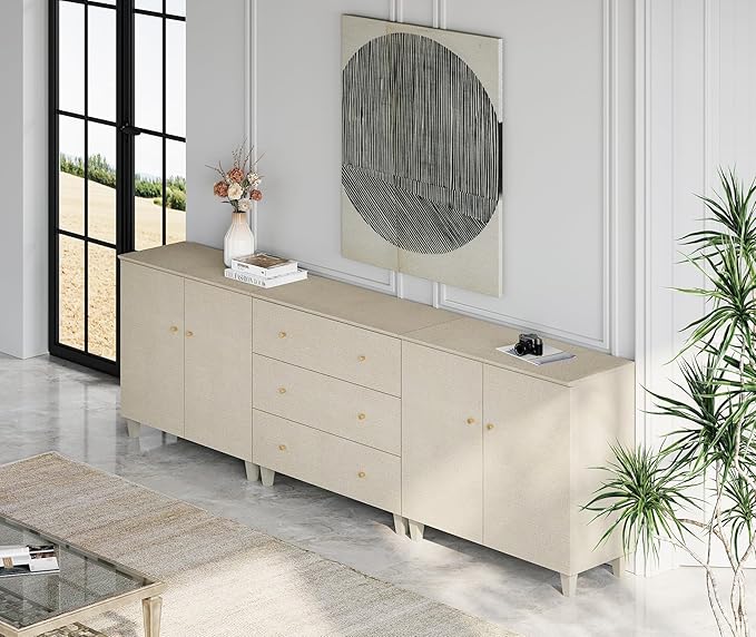WAMPAT Sideboards Buffet Cabinet, 3-in-1 Wood Wide Credenza Storage Cabinet with Doors and Drawers, Modern Kitchen Coffee Bar Table with Storage for Living Room Dining Room, Beige Linen