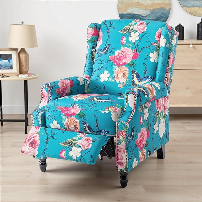 UIXE Pushback Floral Recliner Chairs Set of 2, Fabric Upholstered Armchair Push Back Accent Chair for Living Room, Rivet Trim Club Chair Single Sofa Bedroom Side Reading Seat - Peacock Blue