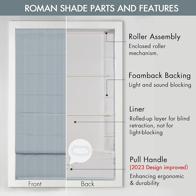 Madison Park Galen Cordless Roman Shade, 31"W x 64"H, Sheen Blue – Room Darkening, Thermal Insulated, Energy Efficient Window Blind with Subtle Sheen Basketweave Fabric for Privacy