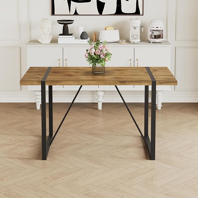 55'' Dining Table for 4-6, Wood Kitchen Table with Metal Legs, Dinner Table for 4-6 for Home Dining Room Living Room