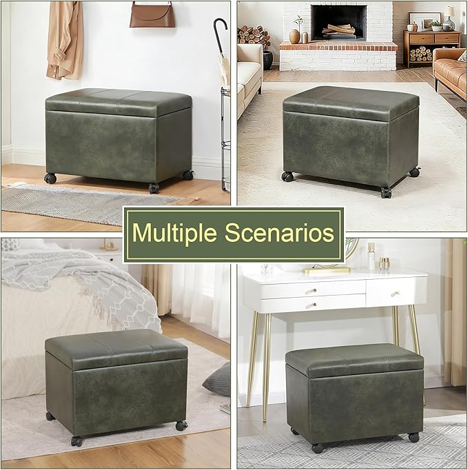 Asense Ottoman with Wheels,16.7x24x18.1 Inches Leather Rolling Ottoman with Storage,Safety Hinge,Upholstered Storage Bench for Living Room,Bedroom,Entryway,Green