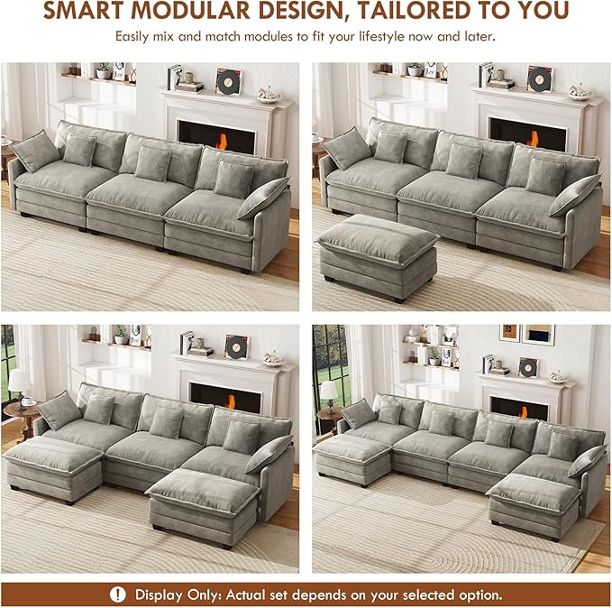 WorthFurni 111.4” Cloud Couch, Modular Sectional Sofa, Comfy Modern 3-Seater Couches with Pillows & Upholstered Deep Seat Cushion for Apartment Living Room Bedroom （Grey）