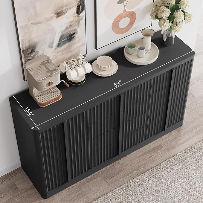 Buffet Cabinet with Storage, 60" Fluted Sideboard with 4 Drawers & 2 Door–Modern Accent Buffet Cabinet with Adjustable Shelves, Credenza Storage Cabinet for Kitchen, Dining, Living Room,Black(1PC)
