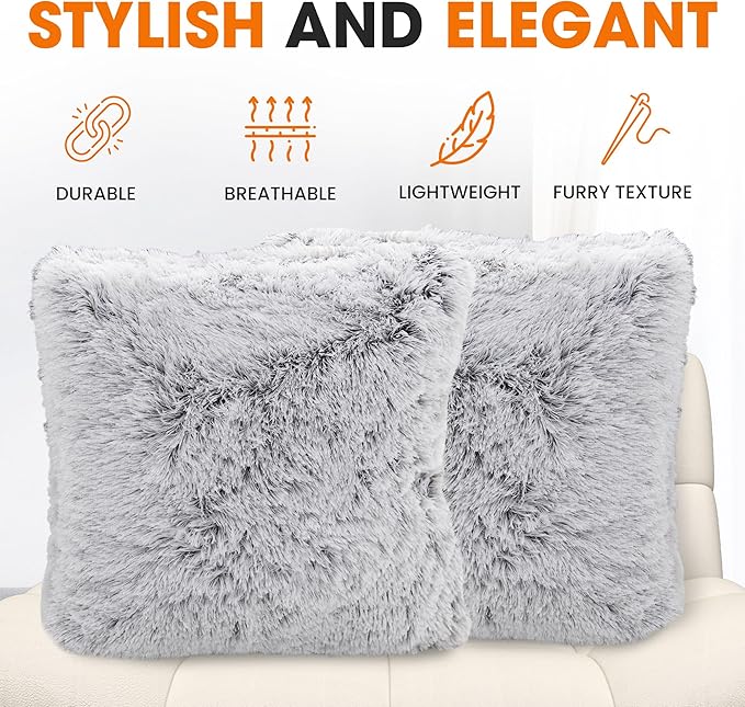 Cheer Collection Throw Pillows for Couch and Bed, Soft Shaggy Throw Pillows with Inserts Included, Cozy Long Hair Faux Fur Pillows - Set of 2-24" x 24" Gray