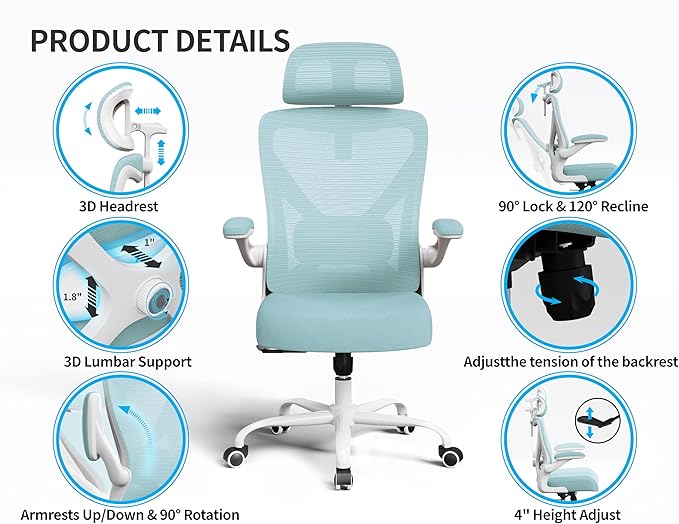 Office Chair - Ergonomic Office Chair with Back Support, Ergonomic Computer Chair - Home Office Desk Chairs, 400lbs Wide Seat Big and Tall Office Chairs with Headrest, Comfy Desk Chairs (Lake Blue)
