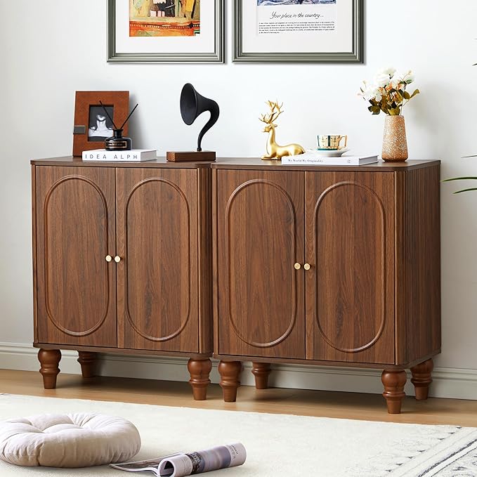 ORRD Fluted Storage Cabinet, Modern Credenza Wooden Accent Sideboard Buffet Cabinet Set of 2 with Adjustable Shelves and Solid Wood Legs, Console Table for Kitchen Dining Living Room Entryway, Walnut