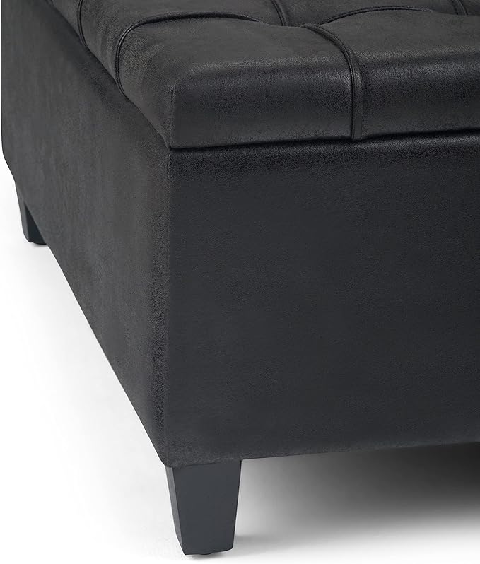 SIMPLIHOME Harrison Coffee Table Storage Ottoman - 36 inch Wide Upholstered Vegan Leather Square Lift-Top Ottoman in Distressed Black, Transitional Ottoman for Living Room with Hidden Storage
