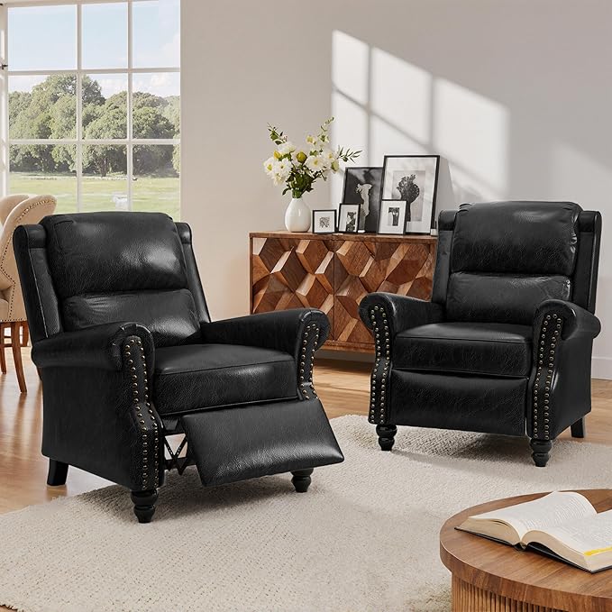 Lumibee Pushback Recliner Chair,Upholstered Wingback Chair for Small Spaces,2 Set of PU Leather Armchair for Living Room,Single Sofa Accent Chair Reading Seat for Balcony,Bedroom-Black