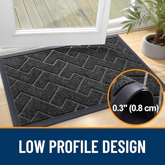 OLANLY Front Door Mat Indoor Outdoor Entrance, Waterproof All-Season, All-Weather Doormat, Sturdy Natural Rubber, Low Profile, Easy Clean Patio Porch Entryway Mat, Herringbone Brick (Black, 47x17)