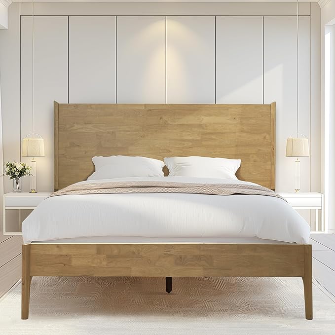 Acacia Haven Queen Bed Frame and Headboard, Platform Bed Frame Scandinavian Wood Bed Compatible with All Mattress Types, Wood Slats Support 800lbs Capacity, Quick & Easy Assembly, Oak.