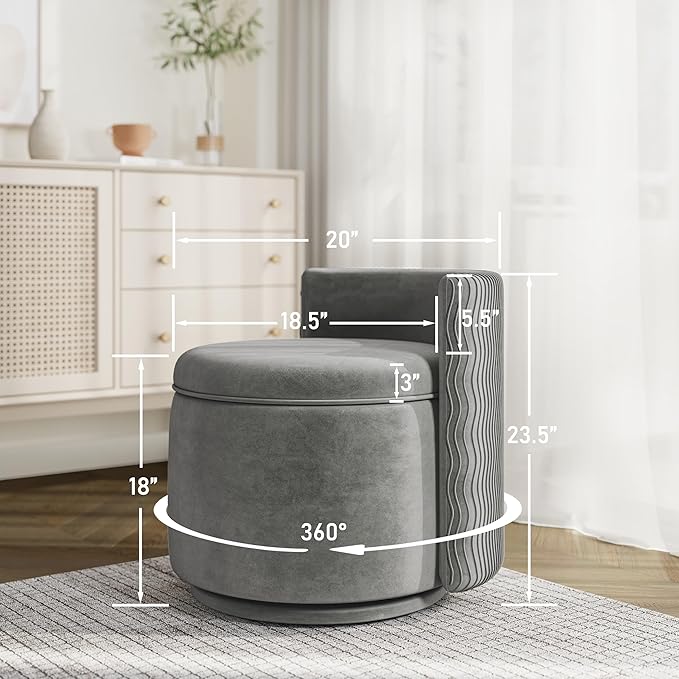 360° Swivel Accent Chair with Storage, Vanity Stool with Back, Velvet Storage Ottoman, Upholstered Round Barrel Vanity Chair for Living Room, Makeup Room, Bedroom (Gray)