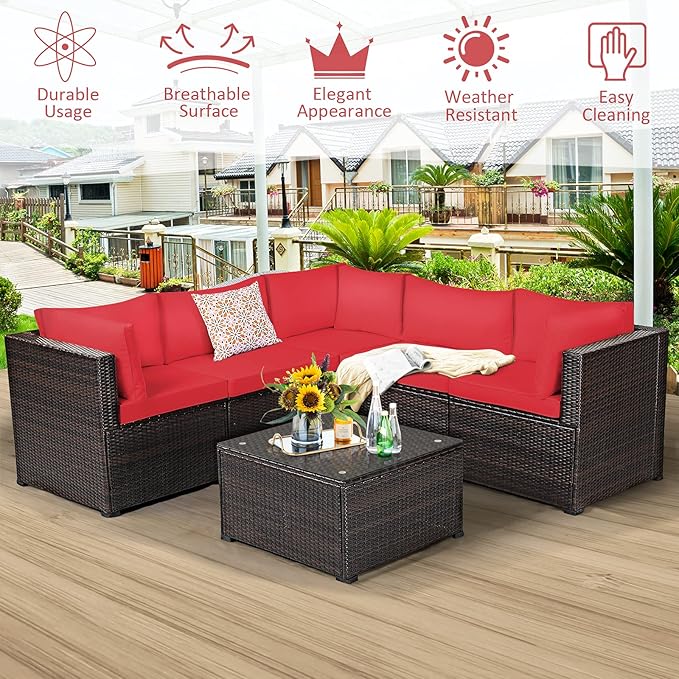 Tangkula 6 Pieces Patio Furniture Set, Outdoor Rattan Sofa Set, Wicker Conversation Set w/Tempered Glass Coffee Table & Cushions, Sectional Sofa Set for Backyard, Garden, Balcony, Poolside (Red)