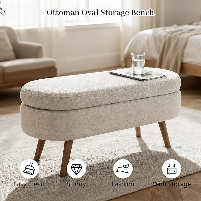 Storage Ottoman Bench 43" Ottoman Bench for Bedroom, Upholstered Boucle Fabric Footrest End of Bed with Safety Hinge Solid Wood Legs Foot Stool Storages Benches for Living Room Entryway, Beige