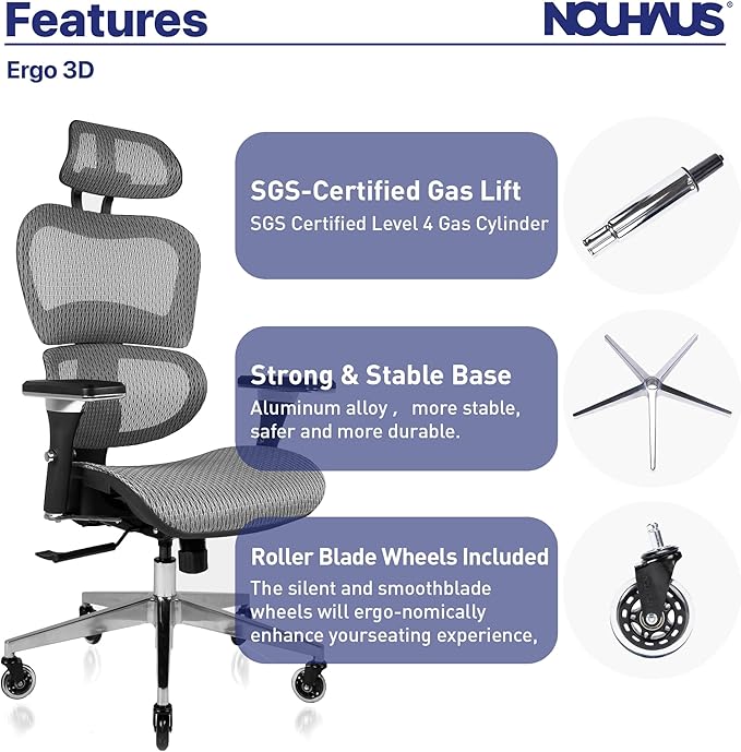 Nouhaus Ergo3D Ergonomic Office Chair Lumbar Support Mesh Office Chair with 4D Adjustable Armrest, Adjustable Headrest and Wheels, Mesh High Back Home Office Desk Chairs (Grey)