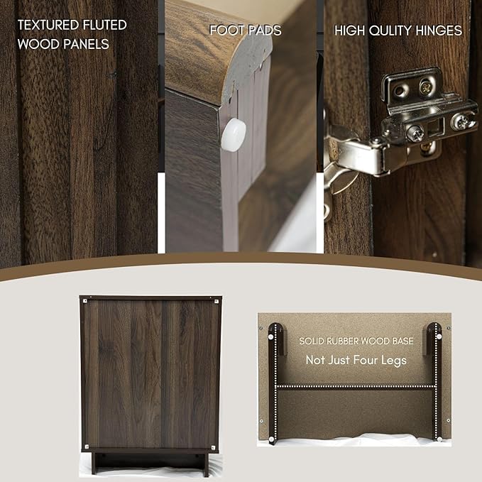 Sideboard Buffet Cabinet with Storage, Walnut Freestanding Floor Cabinet Farmhouse Sideboard with 2 Fluted Doors Wooden Hallway Cabinet Media Console Table Credenza for Living Room Dining Room, 3PCS