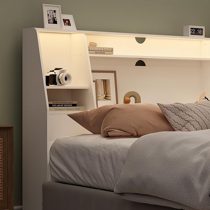 Queen/Full Headboard Queen Size with Storage, Wood Bookcase Headboard with Charging Station & 2 LED Lights, Modern Headboard Only for Queen Size Bed, Noise-Free, Sturdy and Durable, White