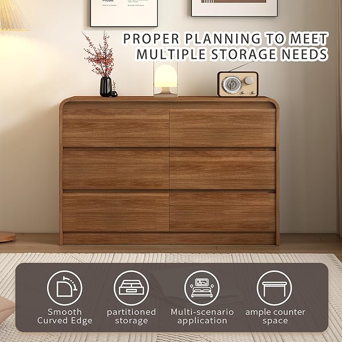 55 Inch Dresser For Bedroom 6 Drawer Wood Chest of Drawers - Curved Anti Collision, Mid Century Dresser For Closet with Natural Texture & Pre-Embedded Slots for TV Stand, Living Room, Nursery