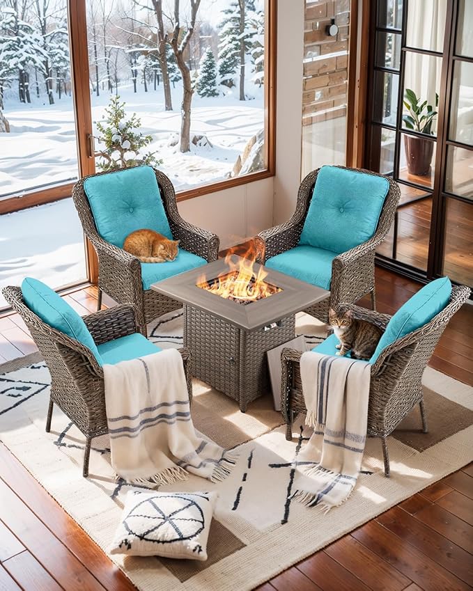 Outdoor Patio Chairs with Fire Pit Table 5 Piece Set - High Back Brown Wicker Rattan Lawn Chair with Thick Cushion for Porch Apartment Deck Yard Poolside Garden - Turqoise