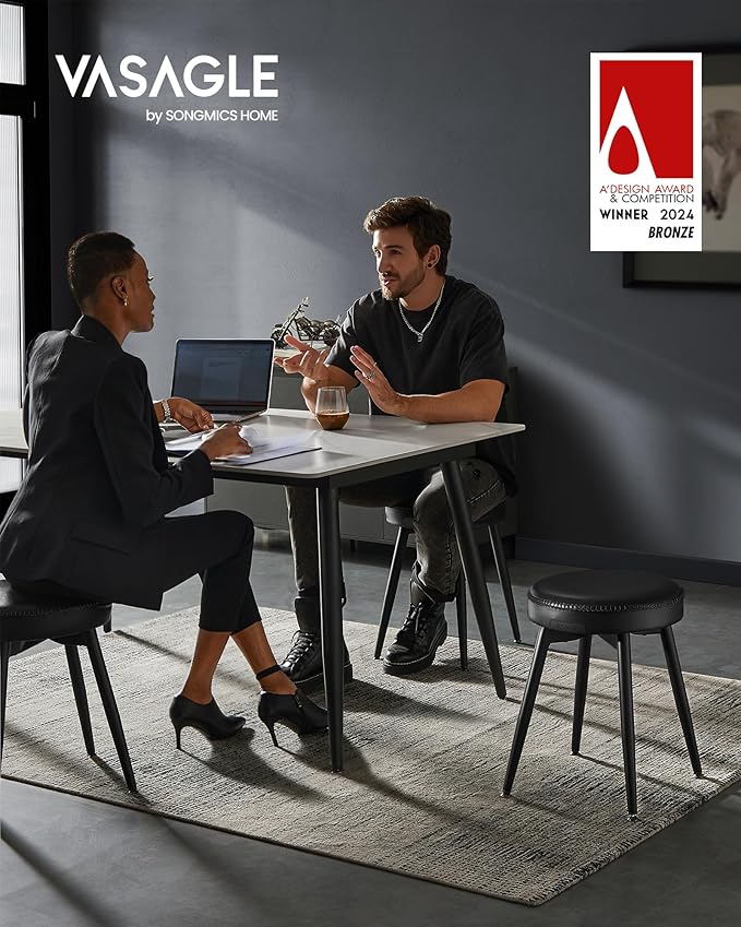 VASAGLE EKHO Collection - Dining Chairs Stools Set of 2, Upholstered Kitchen Chairs, Vanity Stools, Synthetic Leather with Stitching, Mid-Century Modern, 19-Inch Tall, Easy Assembly, Ink Black