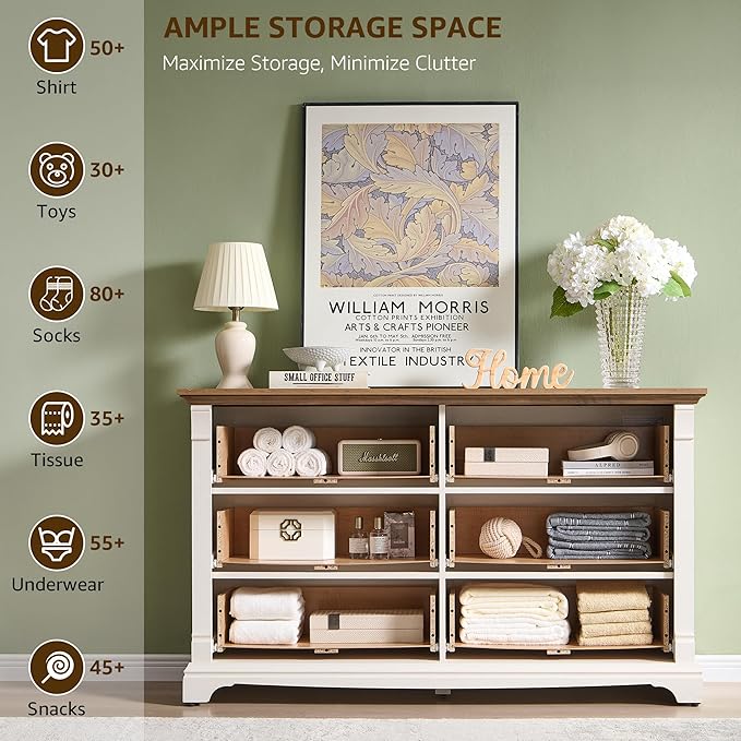 Farmhouse 6 Drawers Dresser for Bedroom, 54" Wide Large Dressers & Chests of Drawers w/Roman Column, Wooden Dresser TV Stand with Large Drawers for Nursery Bedroom Living Room Hallway, Antique White