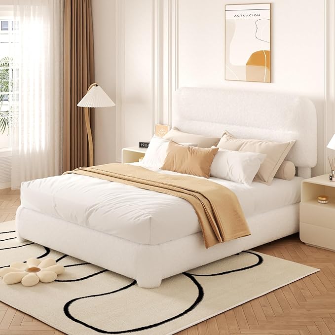 Full Size Cloud Bed Frame, Upholstered Boucle Platform Bed with Adjustable Headboard, Anti-Collision Soft Rounded Corners, Noise Free, Easy Assembly, White