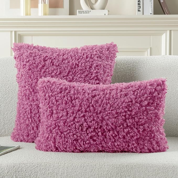 FUTEI Hot Pink Decorative Throw Pillow Covers 26x26 Inch Set of 2,Soft Fluffy Faux Wool Fur Boucle Textured Pillow Shams,Modern Home Decor for Couch Bed Living Room Office