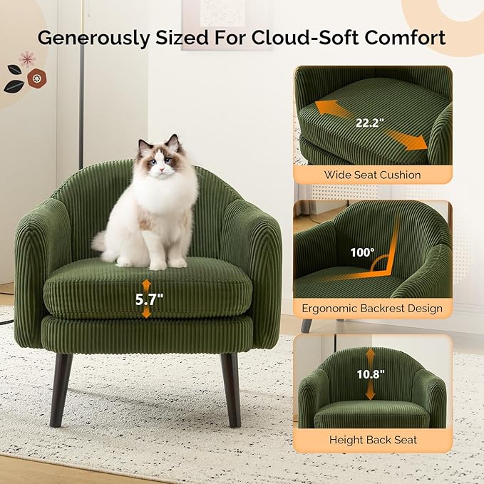 VINGLI 30.3" Wide Modern Barrel Accent Armchairs Set of 2 with Track Armrest, Solid Wooden Legs, Comfy Upholstered Club Chairs, Single Home Sofa for Living Room, Bedroom, Reading Room, Corduroy Green