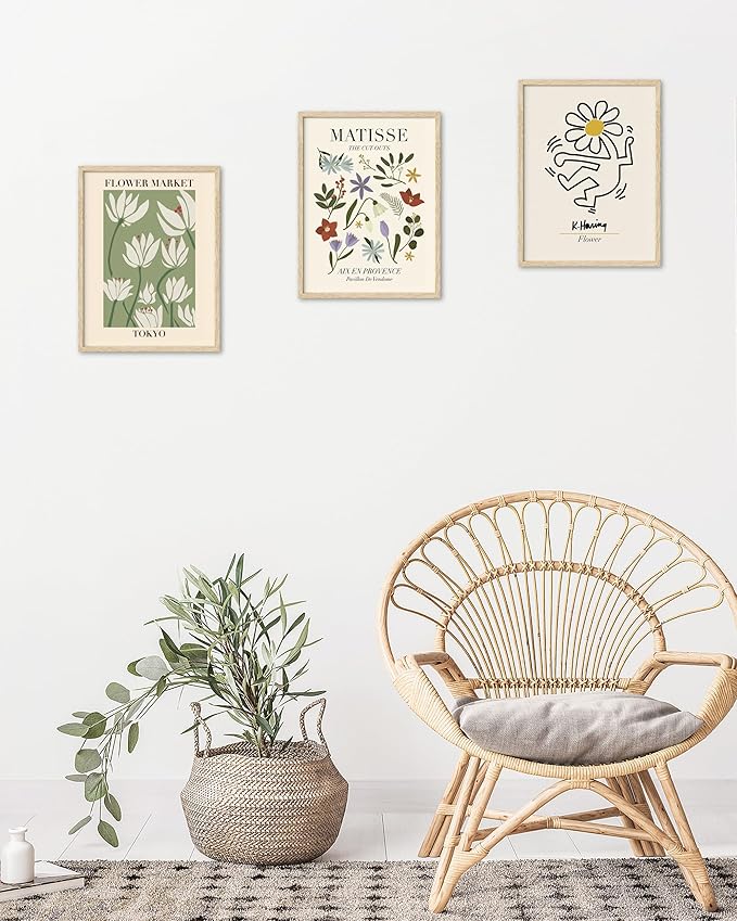 HesenDot Unframed Floral Wall Art Set of 3,12x16in Matisse Canvas Prints,Abstract Keith Haring Botanical Posters Decor,Minimalist Modern Flower Artwork for Living Room Bedroom Office Home
