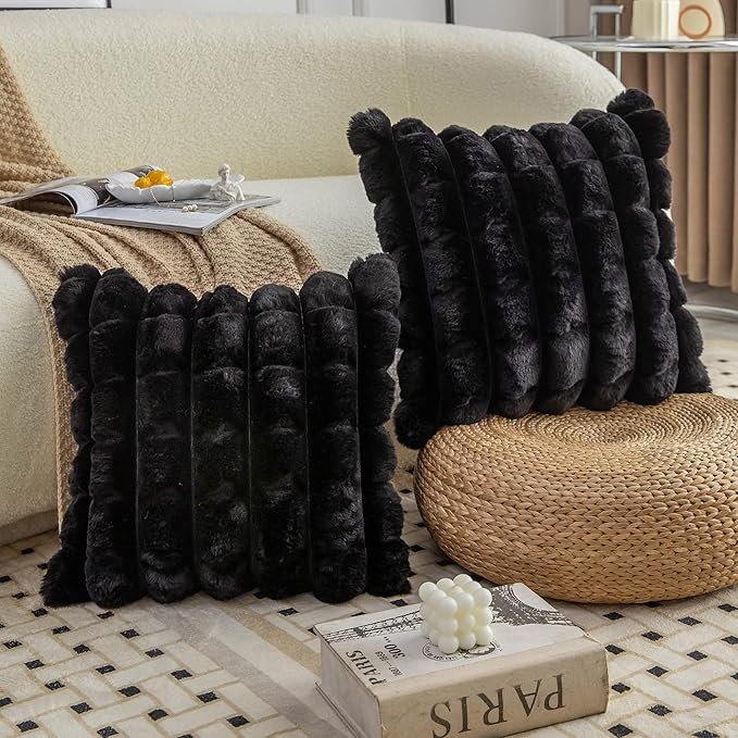 Neelvin Black Faux Fur Cozy Soft Plaid Decorative Throw Pillow Covers 20x20 inch Set of 2,Velvet Pillowcase Cushion Case for Sofa Couch