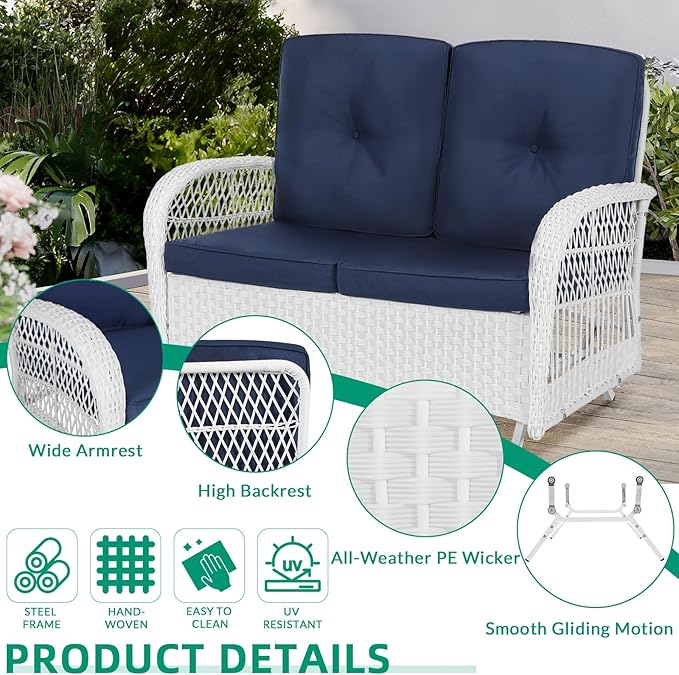VIVIJASON 5-Piece Outdoor Patio White Wicker Conversation Sets, All Weather Outdoor Rattan Furniture Set Includes Glider Loveseat, 2 Coffee Table, 2 Swivel-Gliders Chairs with Cushions, Navy Blue
