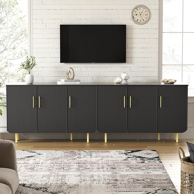 Set of 2 Fluted Black Storage Cabinets, Modern 3-Door Sideboard Buffet Cabinet with Adjustable Shelves and Metal Legs, Accent Cabinet for Kitchen, Living Room, Entryway (Black & Gold)