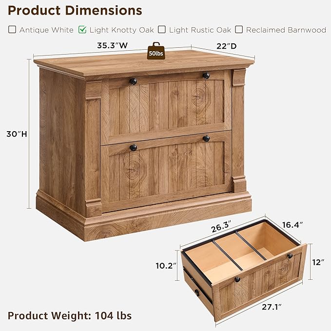 OKD Farmhouse File Cabinet with 2 Drawers, 35.3" Lateral Filing Cabinet with Hanging File Folders, Interlocking Drawers, Wood Rustic Storage Cabinet for Home Office, Living Room, Light Knotty Oak
