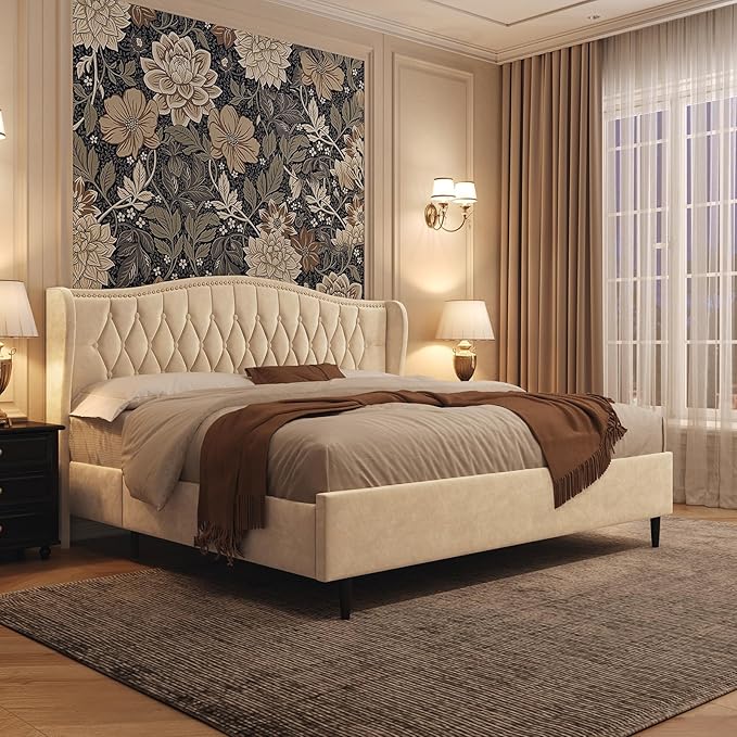 Belffin King Bed Frame and Headboard, Luxury Upholstered Velvet Platform Bed with Wingback, Button Tufted & Nailhead Trim, Anti-Slide Tall Footboard, No Box Spring Needed, Noise-Free, Beige