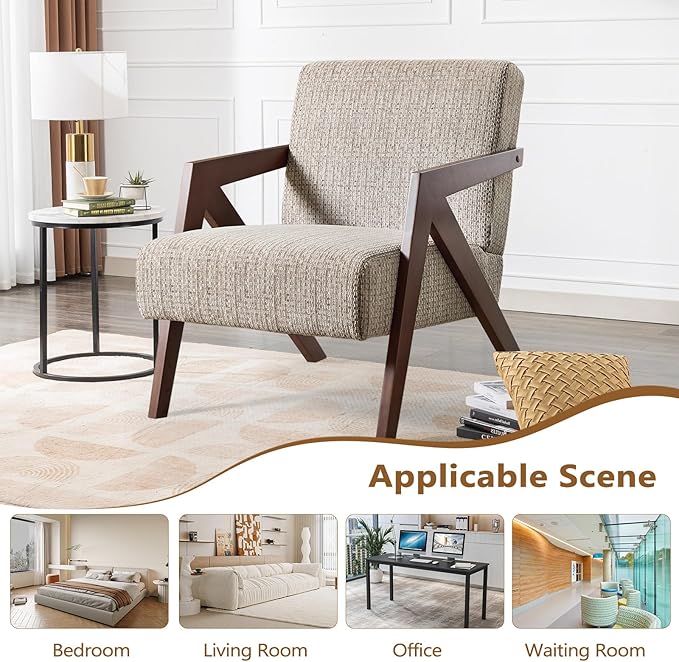 Bonzy Home Mid-Century Modern Accent Chair Set of 2 with Solid Wood Frame, Upholstered Armchair for Bedroom & Living Room, Reading Side Chair with Soft Lien Fabric Cushion,Easy Assembly,Light Grey