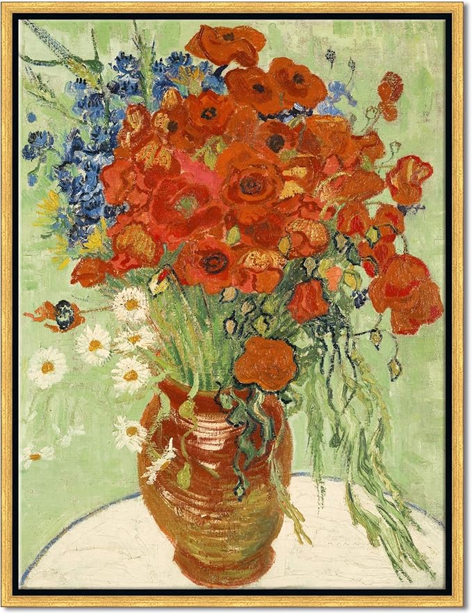 Wieco Art Framed Wall Art of Red Poppies and Daisies by Vincent Van Gogh Paintings Reproduction Abstract Canvas Prints for Home Living Room Decorations Bronze Gold Frame