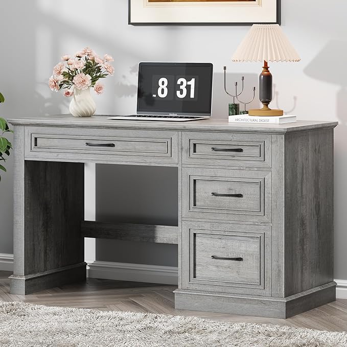 Farmhouse 47" Executive Desk, Computer Desk with Drawers and File Drawer, Workstation Computer Desk with Charging Station for Home Office,Study,（Grey）