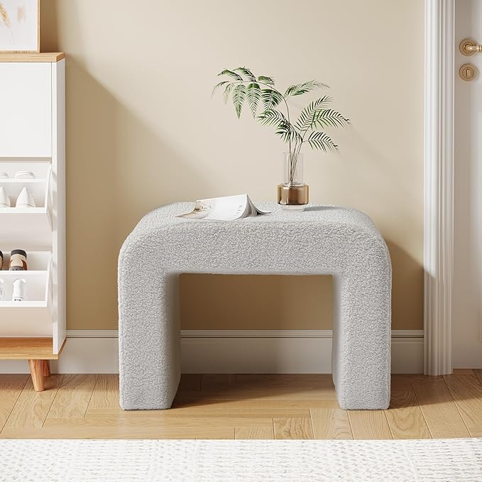 Tribesigns Vanity Stool Chair, Modern Boucle Ottoman Foot Rest for Couch, Large Foot Stool Ottoman, Extra Seating for Living Room, Arched Makeup Bench for Vanity, Fully Assembled, Light Gray, 2 Packs
