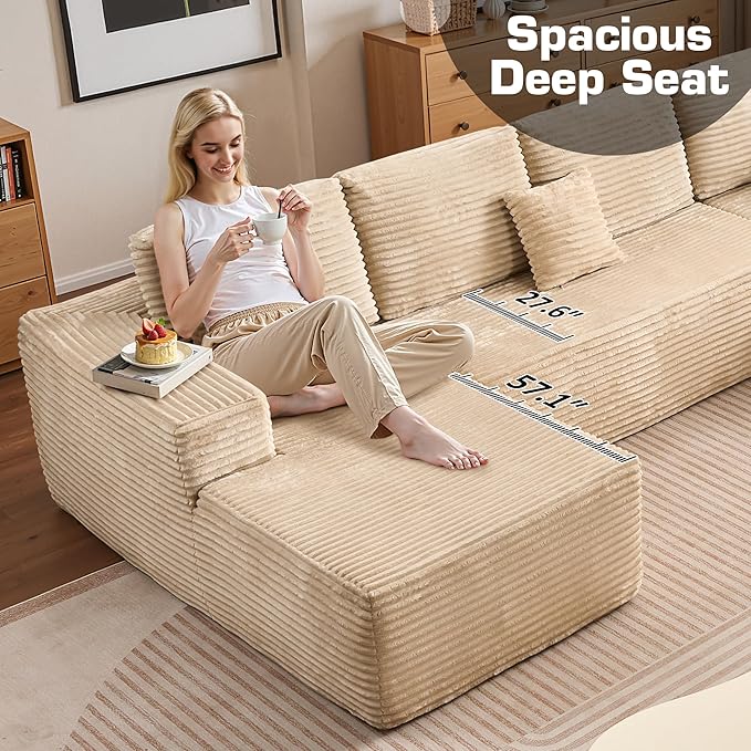 133.1'' Boneless Sectional Couches for Living Room, Oversized Cloud Couch with Chaise & Ottoman, Modular Sofa Sets Deep Seat Plush Corduroy, No Assembly Required,Plush Corduroy,Beige