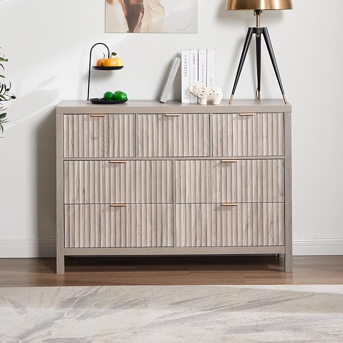 Fluted Dresser for Bedroom with 7 Drawers, 47" Wide Modern Chest of Drawers, Wood Dresser TV Stand Wooden Closet Clothes Storage Organizer for Bedroom, Living Room, Hallway - Oak Grey