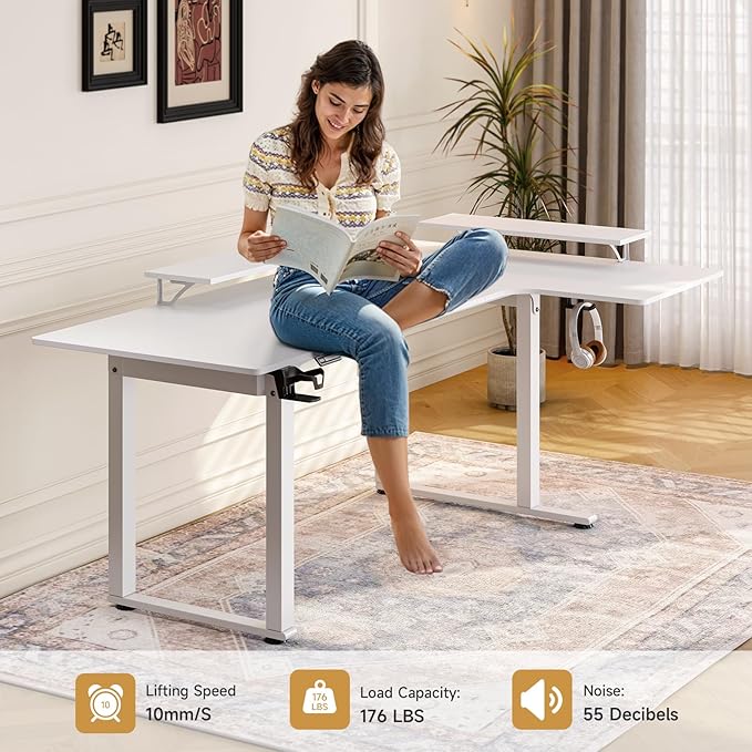 L Shaped Standing Desk, 63x43'' Electric L Stand Up Desk with 2 Adjustable Monitor Shelves, Dual Motor and Memory Controller, Adjustable Height from 28-46'' for Home and Computer Workstation, White