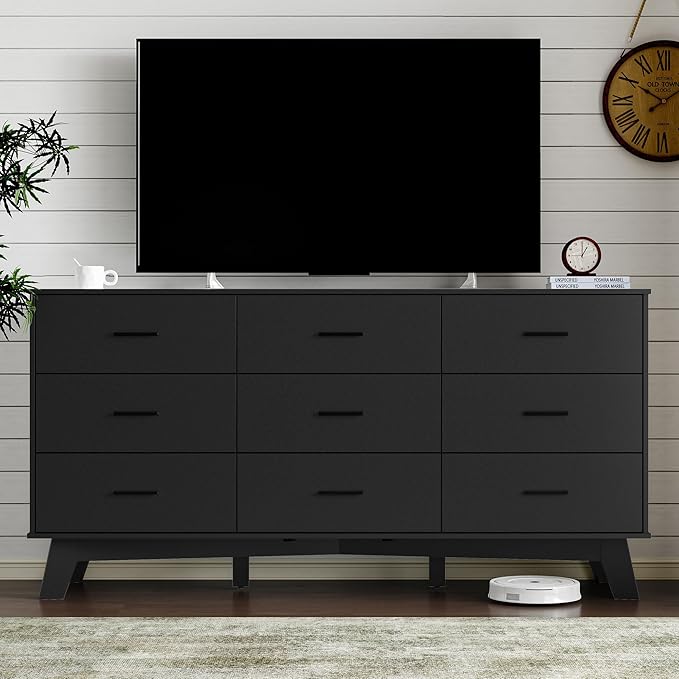 Dresser for Bedroom with 9-Drawer, 59" Wide Modern Chest of Drawers with Metal Handles, X-Shape Base & Adjustable Center Leg, Anti-Tip Closet Organizers and Storage